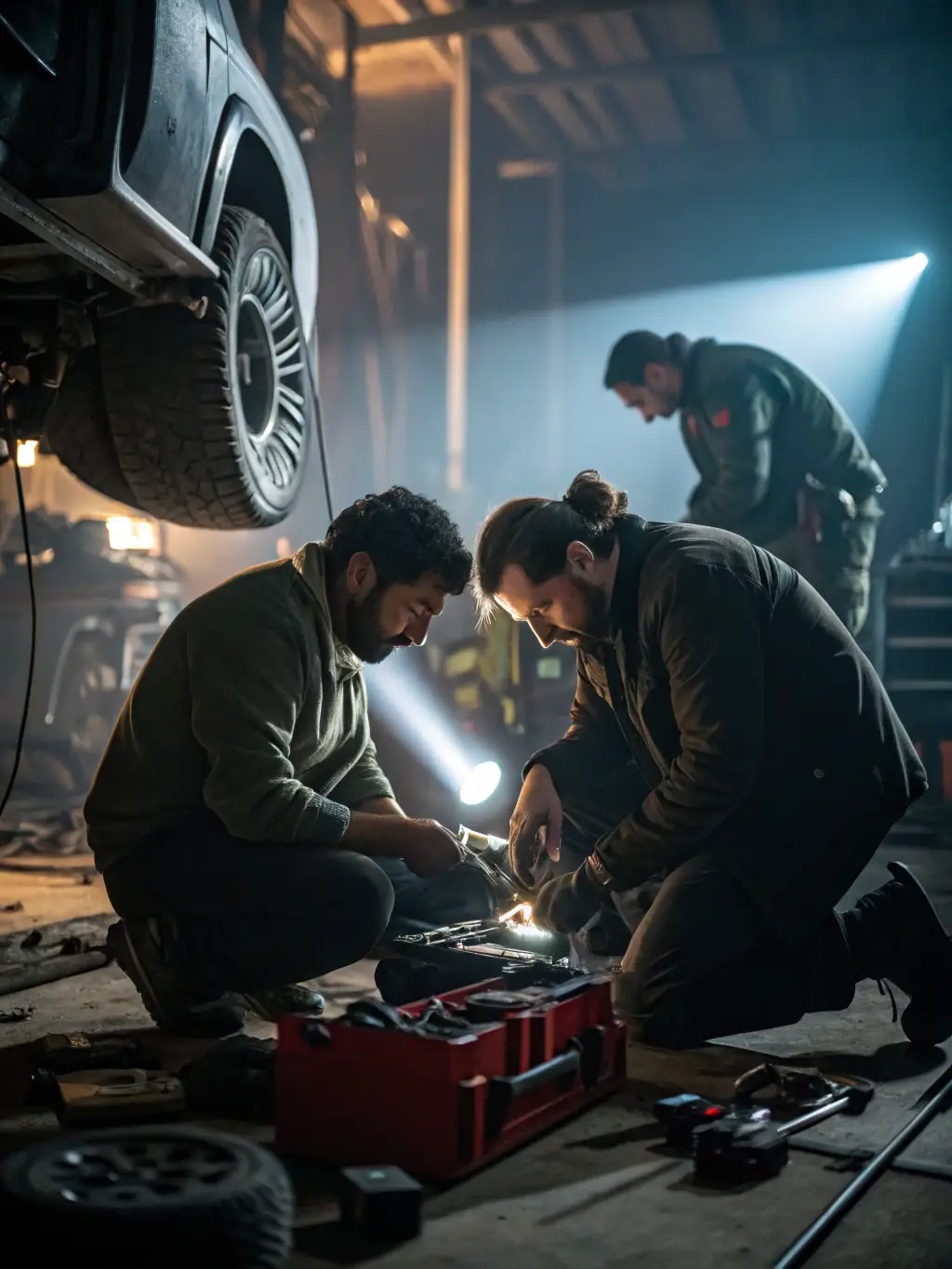 A vibrant image of young participants actively engaged in a Youth Mechanical Workshop, focusing on engine assembly, with tools and equipment visible in the background. The setting is a well-lit, organized workshop environment.