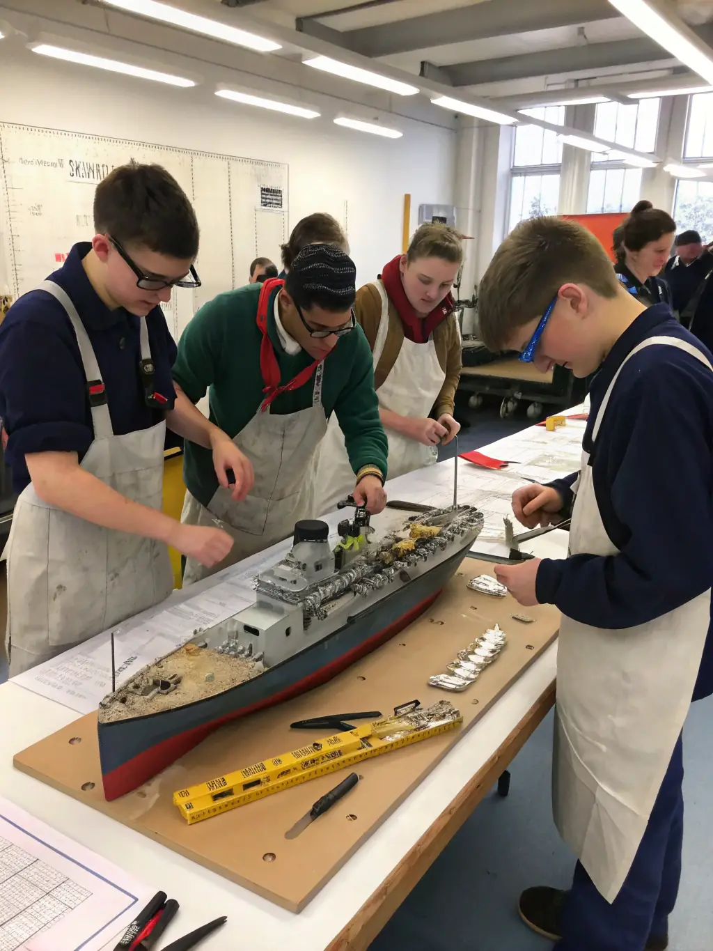 An exciting image capturing a group of young participants designing and building a model race car, showcasing creativity and engineering skills. The setting is a collaborative workspace filled with tools and materials.