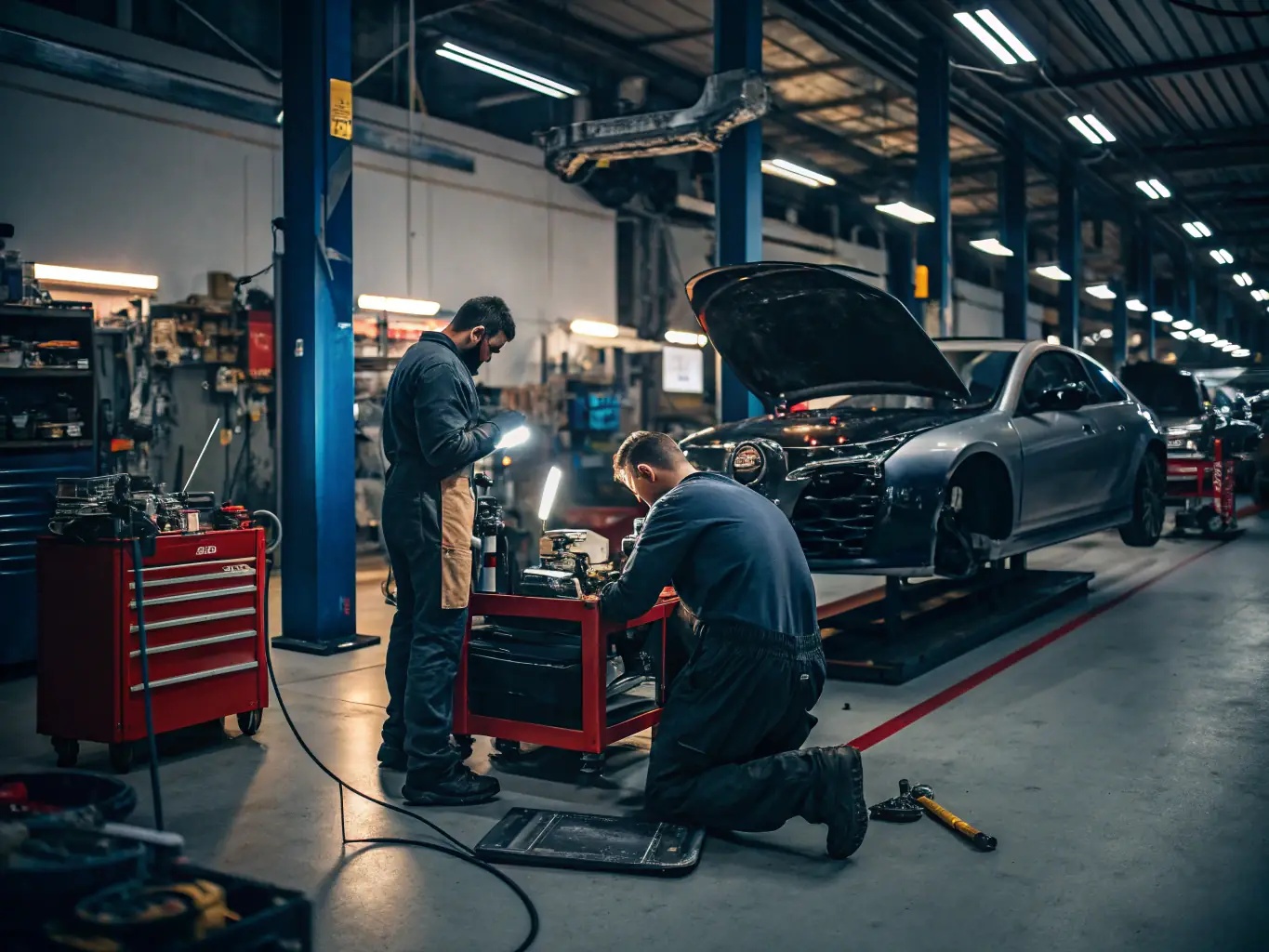 A group of young people working together on a race car engine in a brightly lit workshop, showcasing teamwork and hands-on learning.