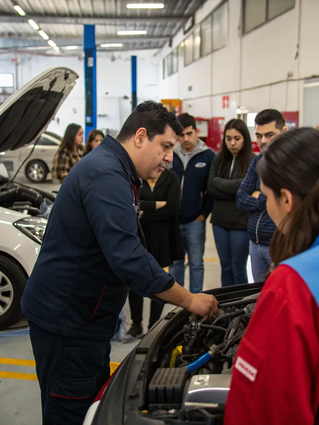 A dynamic shot of a racing team member mentoring a young participant, demonstrating the proper use of diagnostic tools on a race car engine. The atmosphere is supportive and educational.